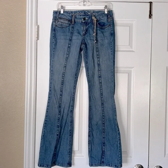 INDUSTRIAL COTTON BLUE JEANS JUNIOR SIZE 7 VINTAGE RARE EMBROIDERED BELT LOOPS - Picture 3 of 17